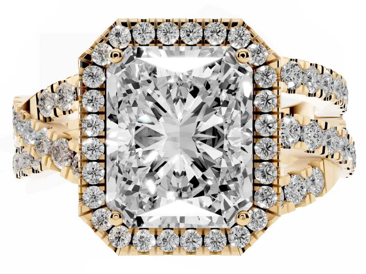 Radiant Cut Diamond Halo Ring with Round Split Shank and Prong Setting Yellow gold