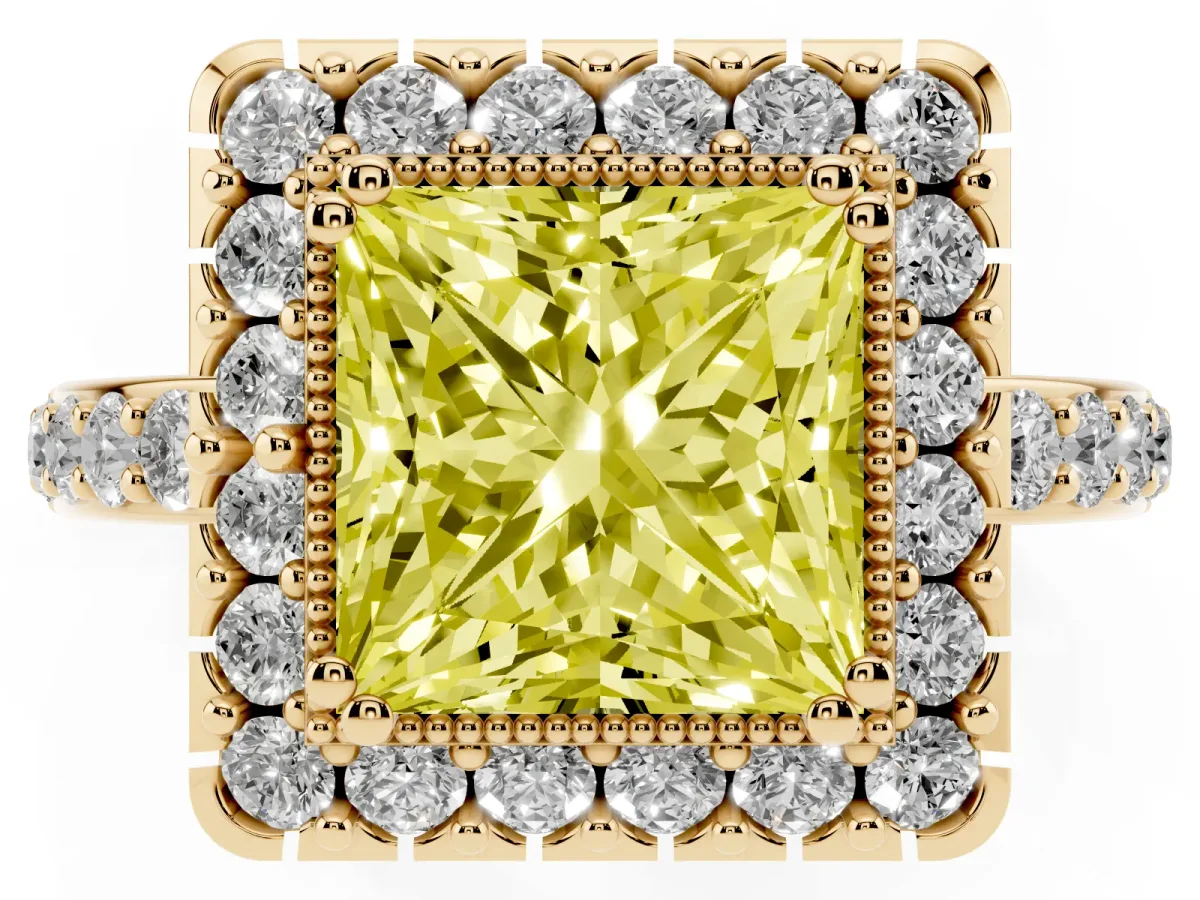 Fancy Yellow Princess Cut Diamond Halo Ring with Pavé Band and Prong Setting Yellow gold