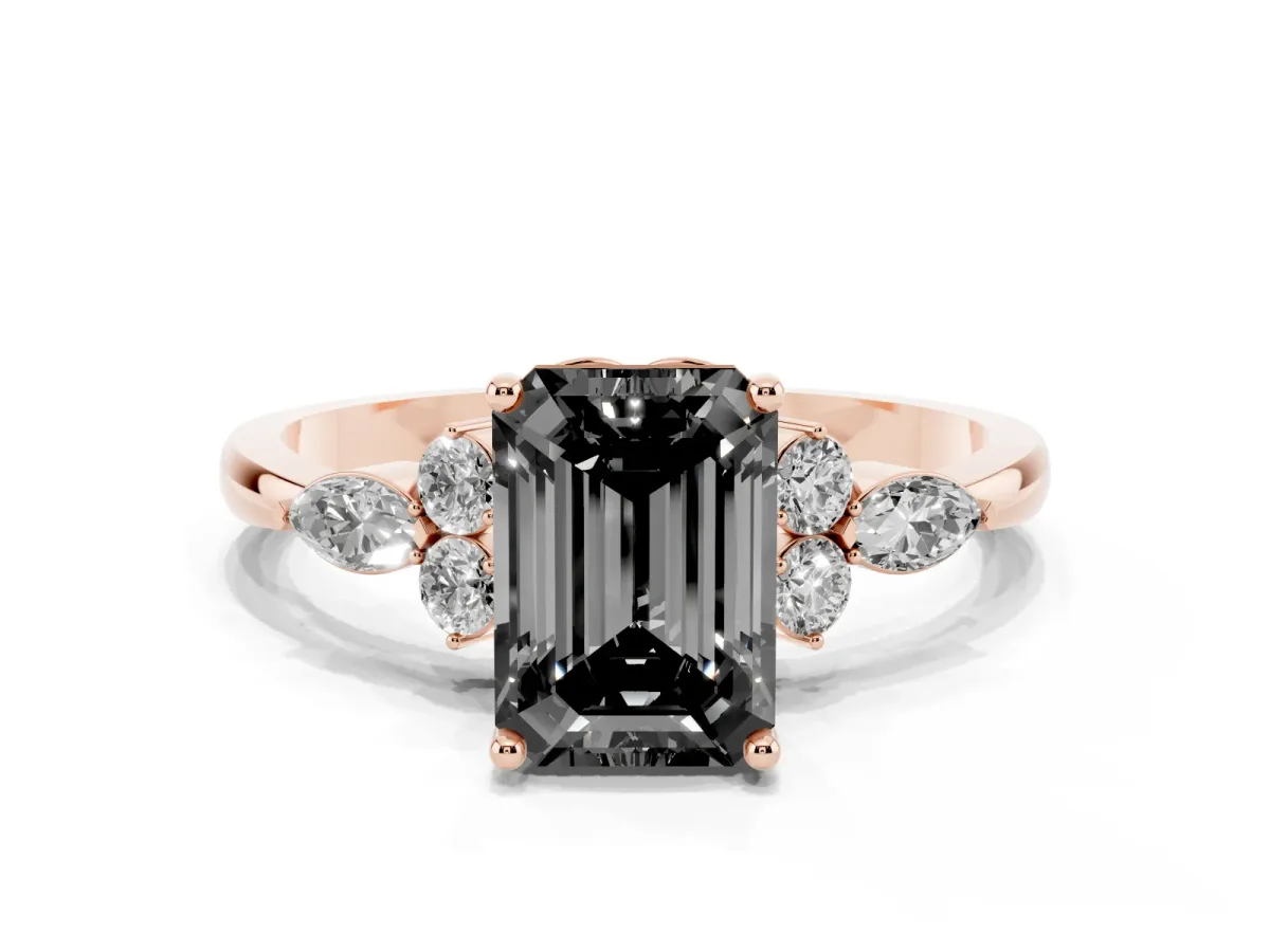 Fancy Black Emerald Cut Brilliant Diamond Solitaire Ring with Pear Side Stones and Four-Prong Setting Rose gold