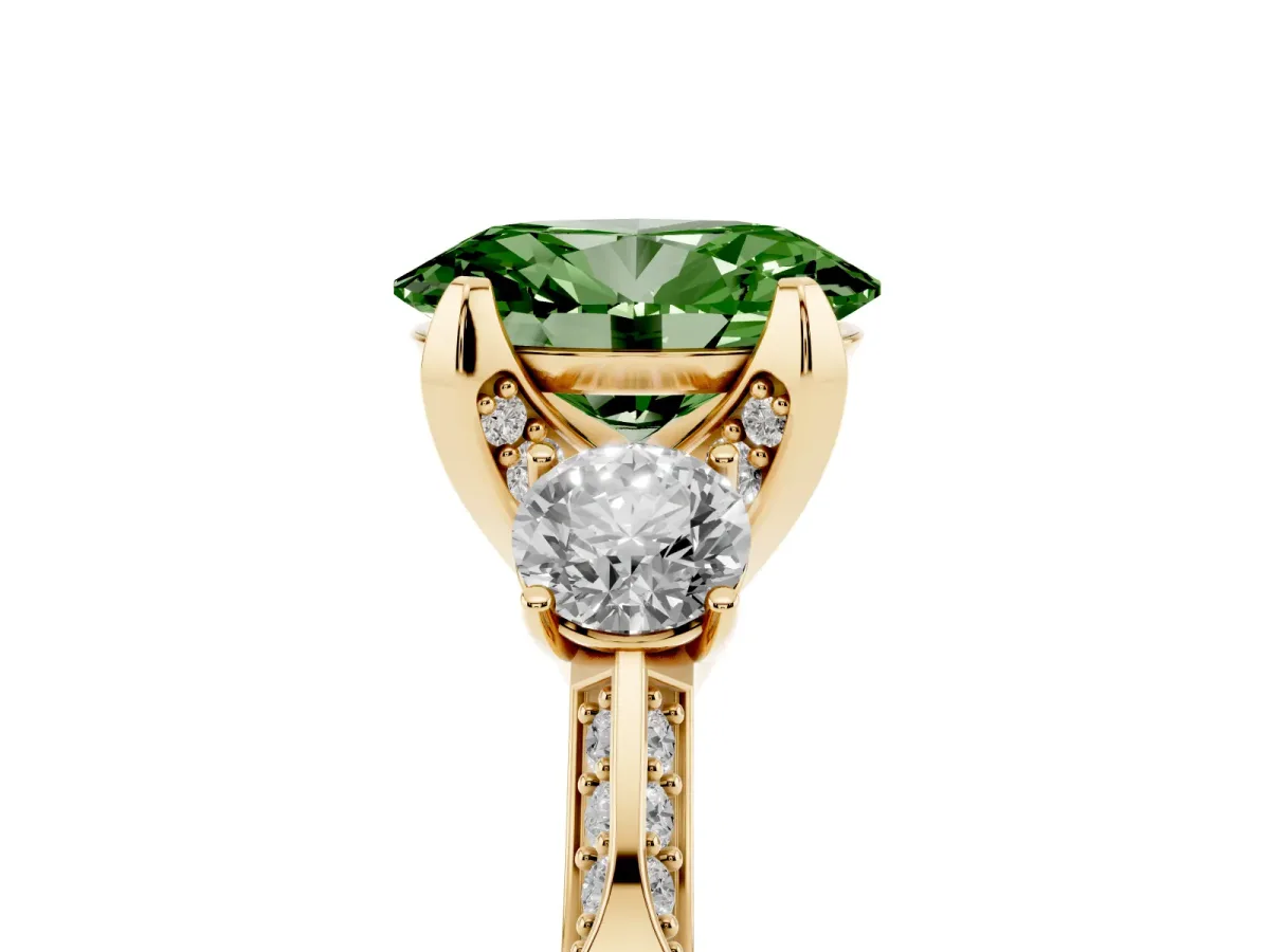 Fancy Green Oval Cut Brilliant Three-Stone Diamond Ring with Pavé Band and Four-Prong Setting Yellow gold