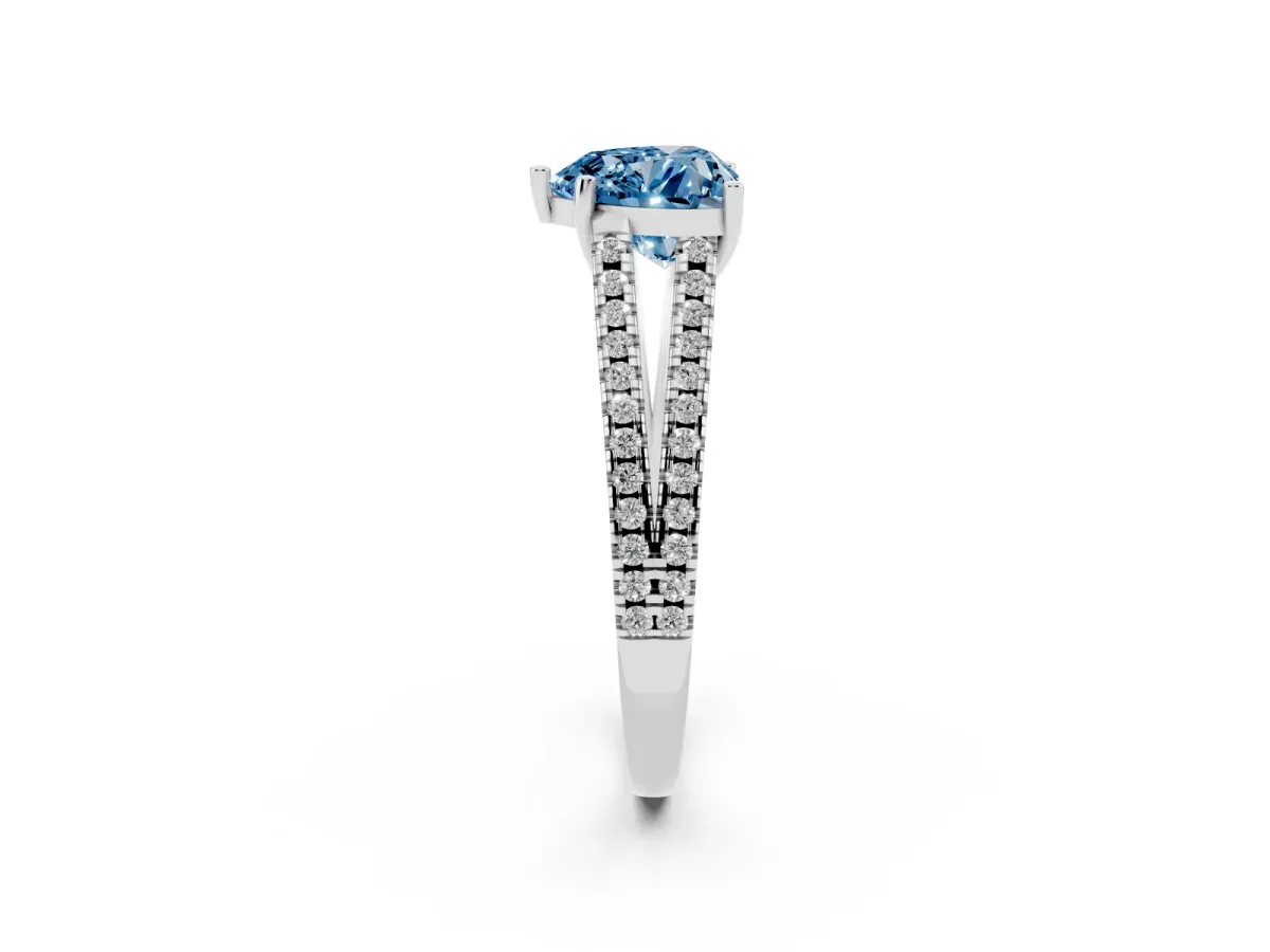 Fancy Blue Heart Cut Diamond Solitaire Engagement Ring with Split Shank Pavé Band Silver