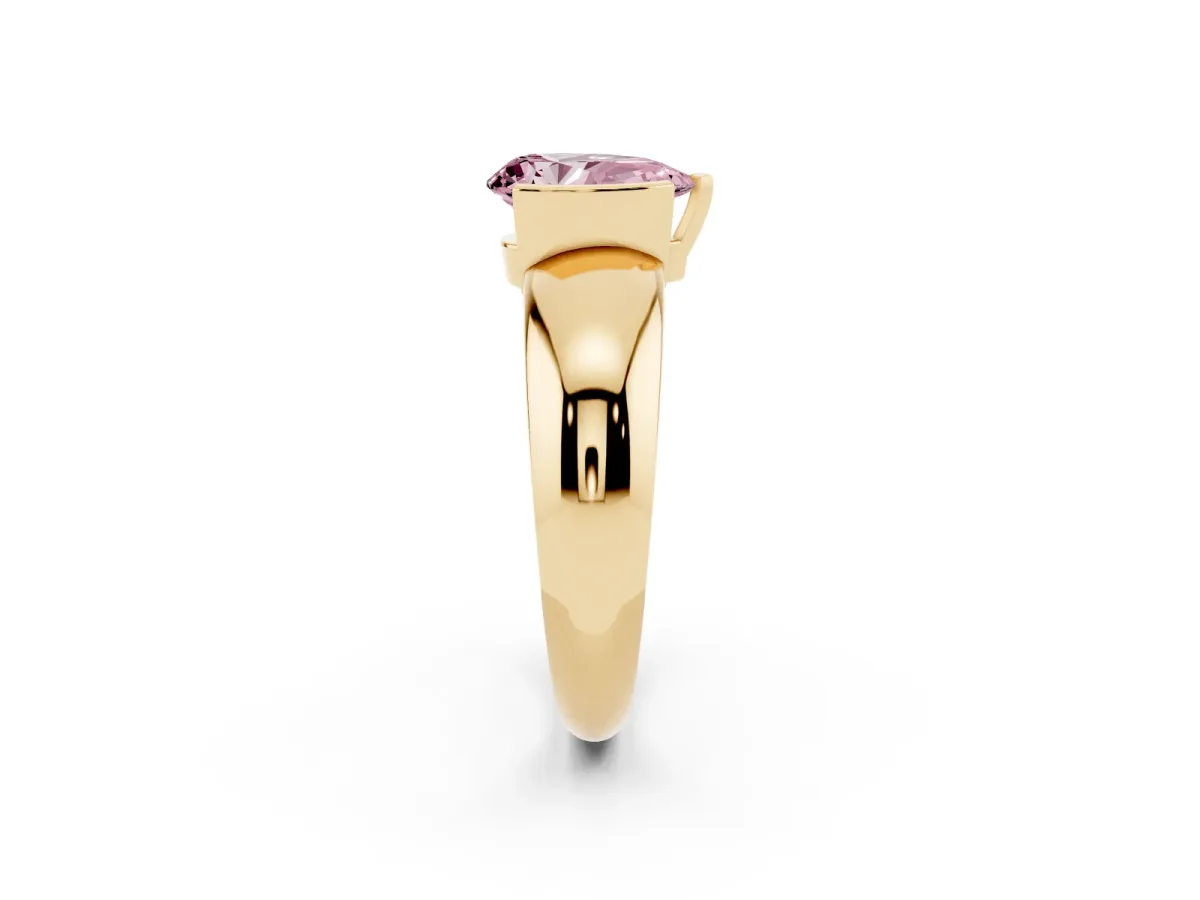 Fancy Pink Pear Cut Solitaire Tension Set Diamond Ring with Wide Band Yellow gold