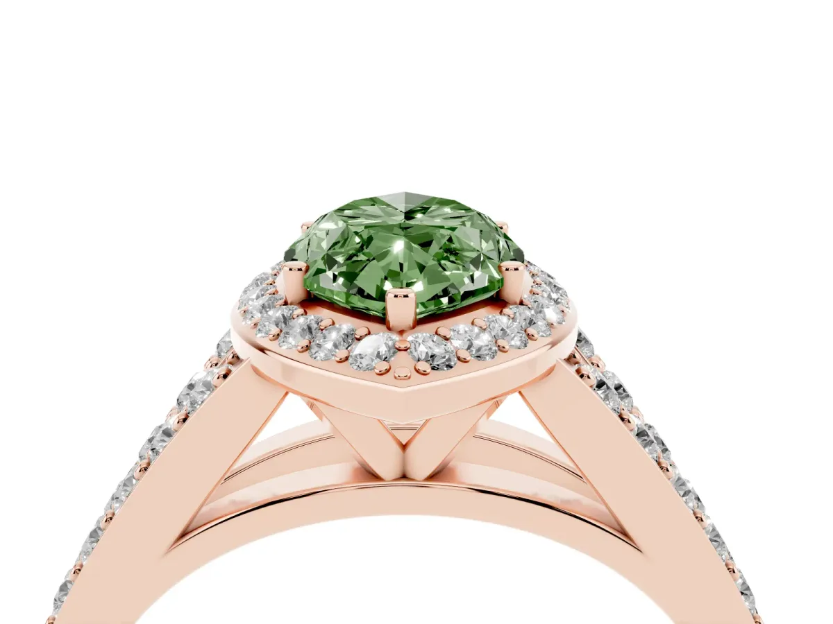 Fancy Green Marquise Cut Diamond Split Shank Halo Ring with Four-Prong Setting Rose gold