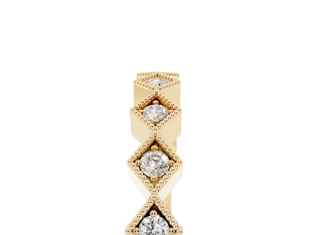 Milgrain Diamond Geometric Stackable Band with Round Cut Stones and Bezel Setting Yellow gold