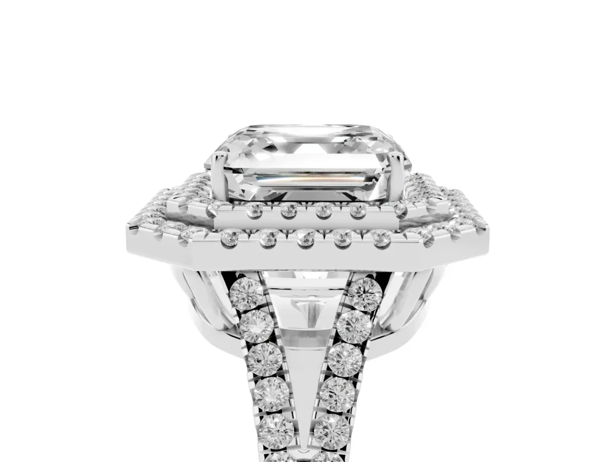 Asscher Cut Diamond Double Halo Ring with Pavé Band and Prong Setting Silver