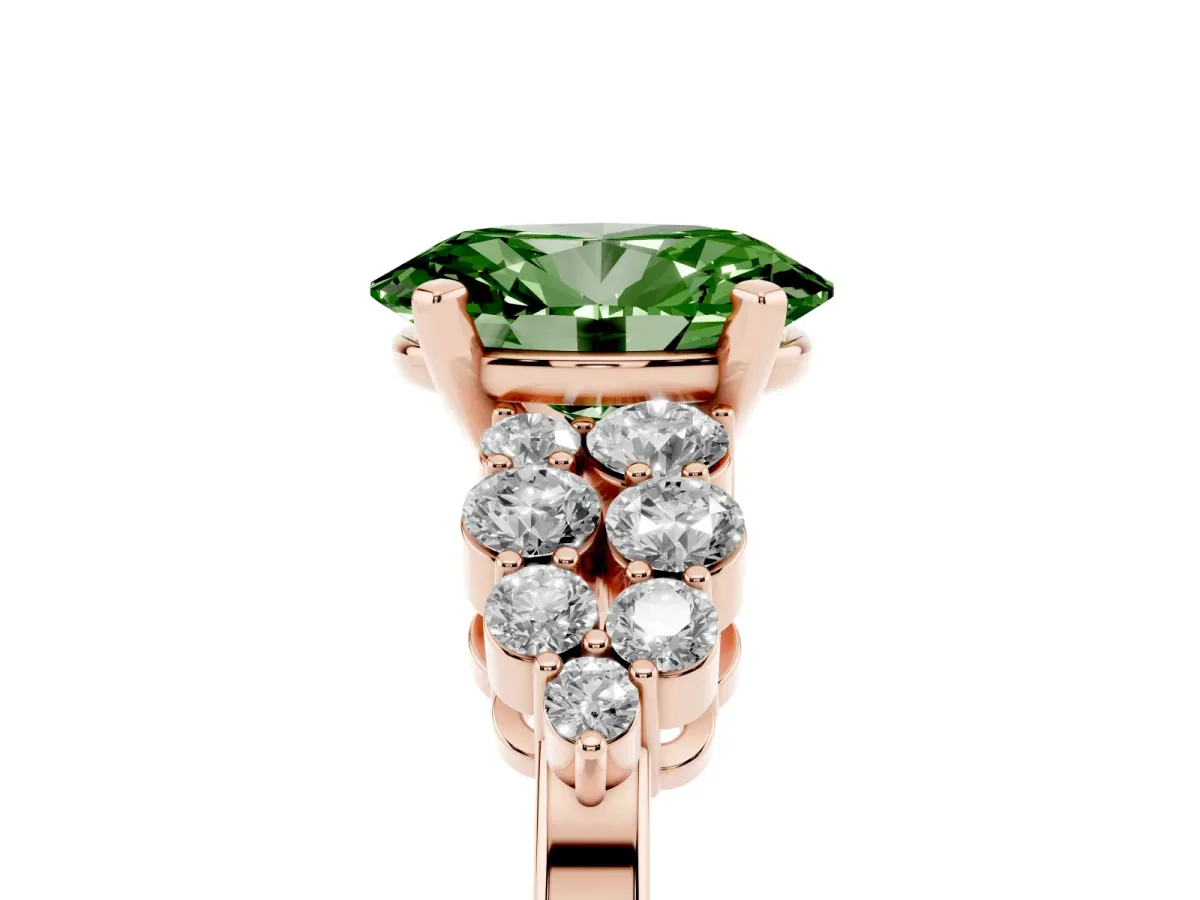 Fancy Green Oval Cut Cluster Diamond Engagement Ring with Pavé Band and Four-Prong Setting Rose gold