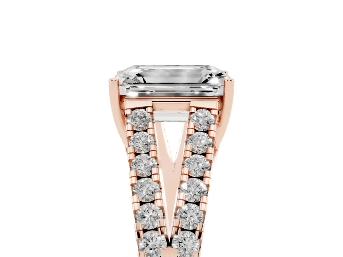 Emerald Cut Diamond Split Shank Pavé Engagement Ring with Four-Prong Setting Rose gold