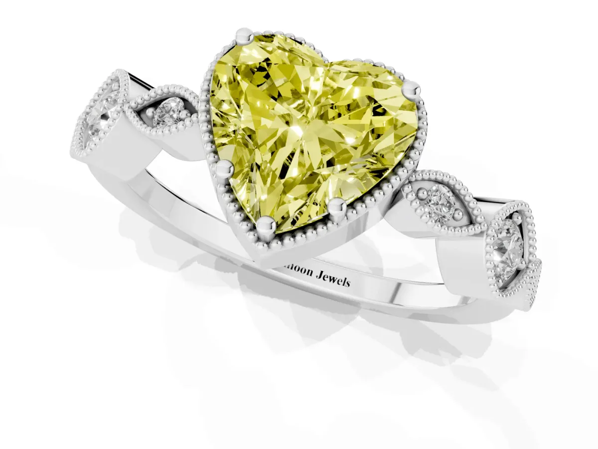 Fancy Yellow Heart Cut Diamond Vintage Milgrain Ring with Round Stations Silver