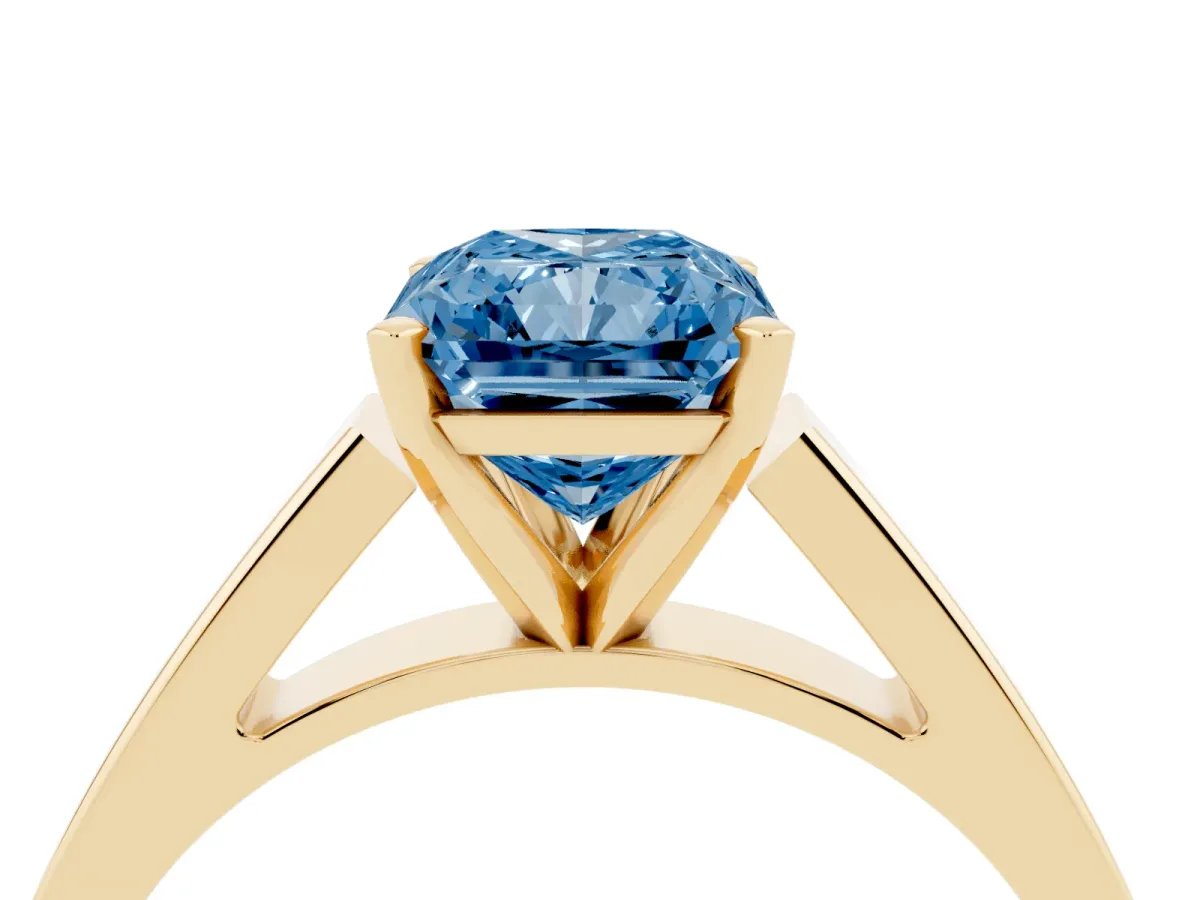 Fancy Blue Radiant Cut Solitaire Engagement Ring with Four-Prong Setting and Tapered Band Yellow gold