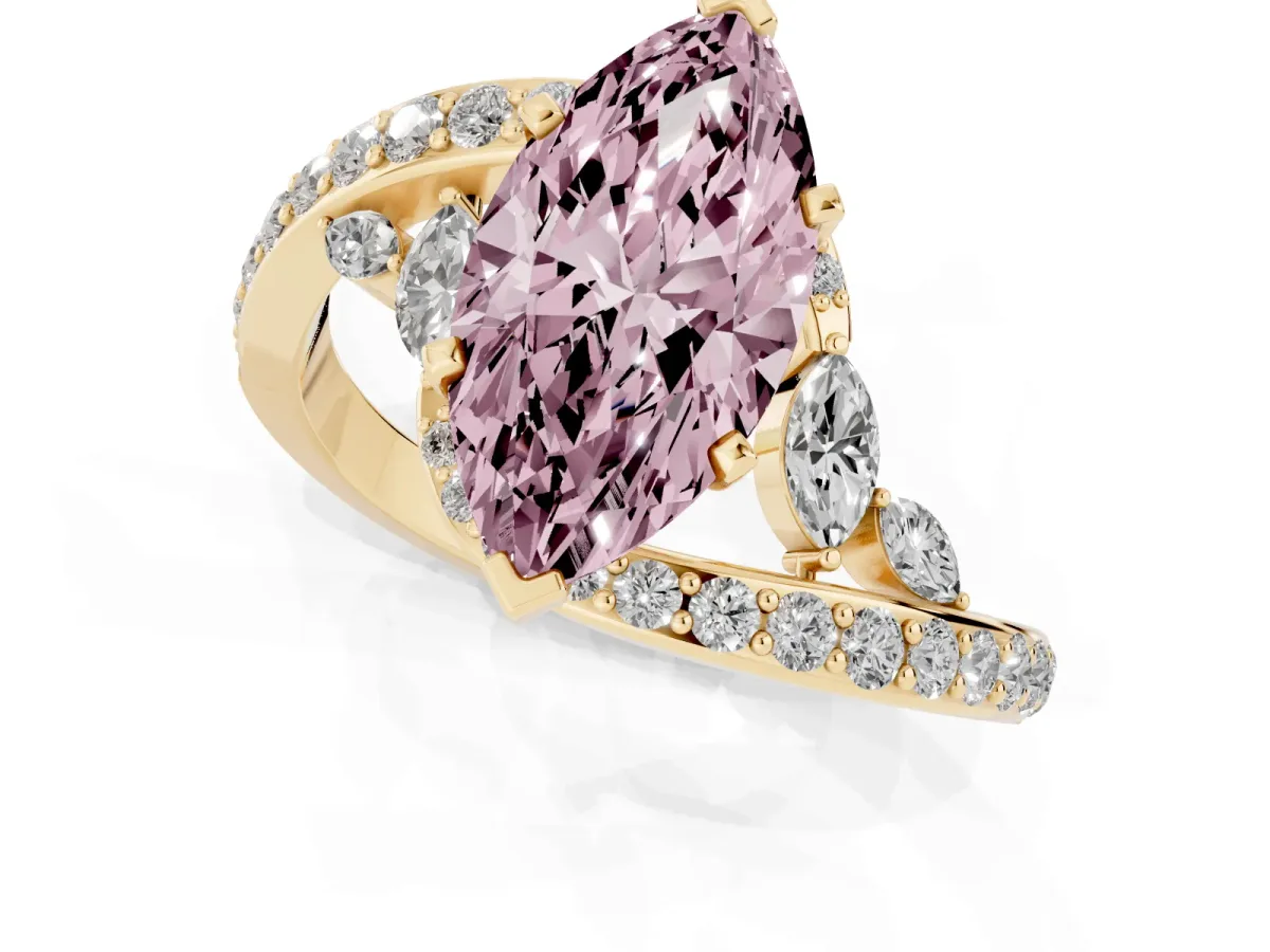 Fancy Pink Marquise Cut Solitaire with Pavé Twist Band and Four-Prong Setting Yellow gold