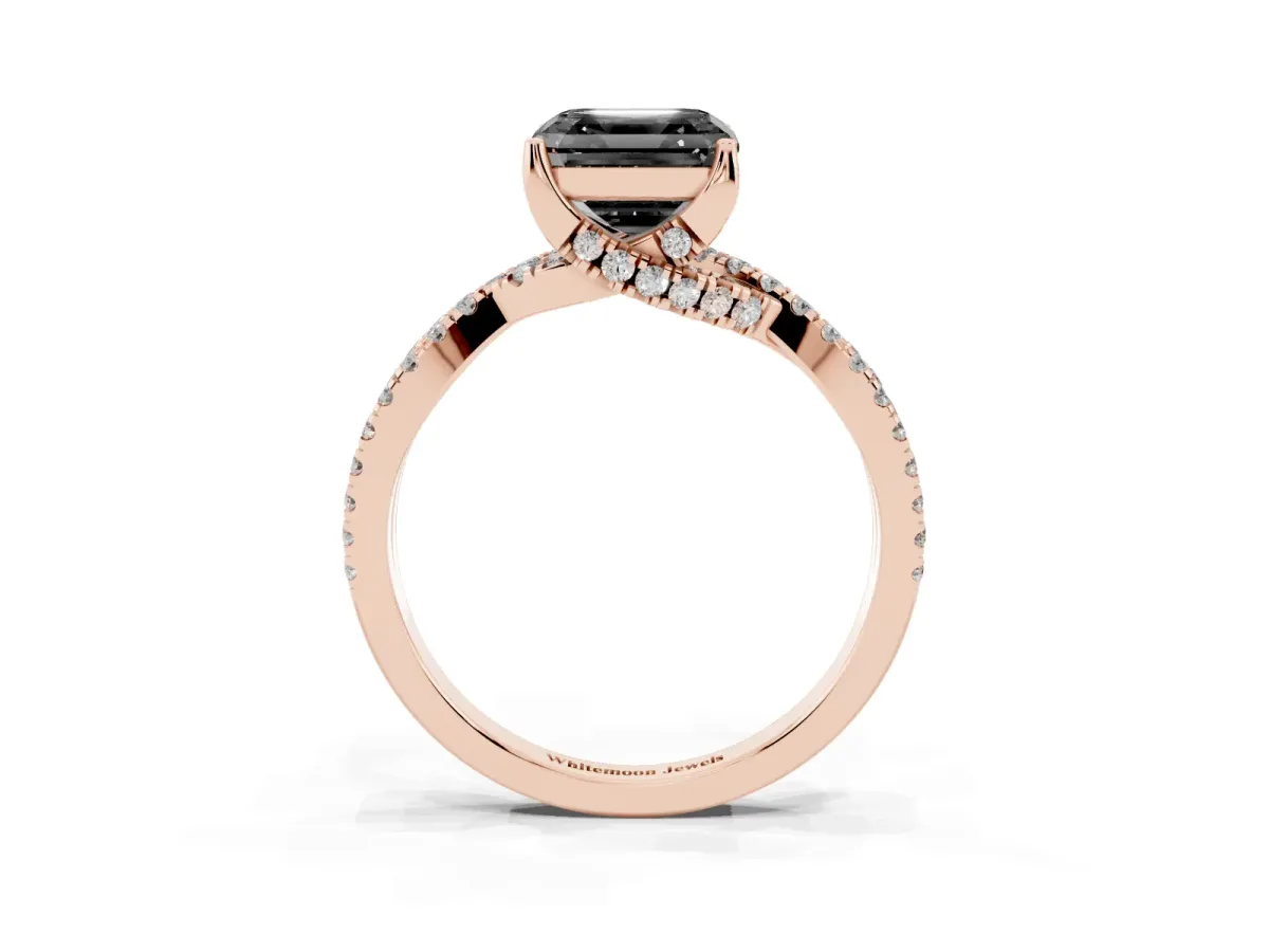 Fancy Black Asscher Cut Solitaire Twist Pave Diamond Engagement Ring with Prong Setting Rose gold