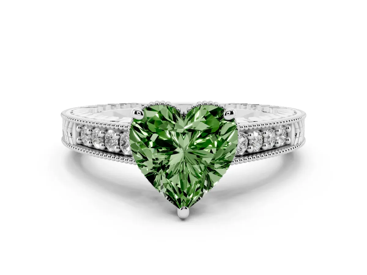 Fancy Green Heart Cut Solitaire Pavé Diamond Milgrain Engagement Ring with Four-Prong Setting Silver
