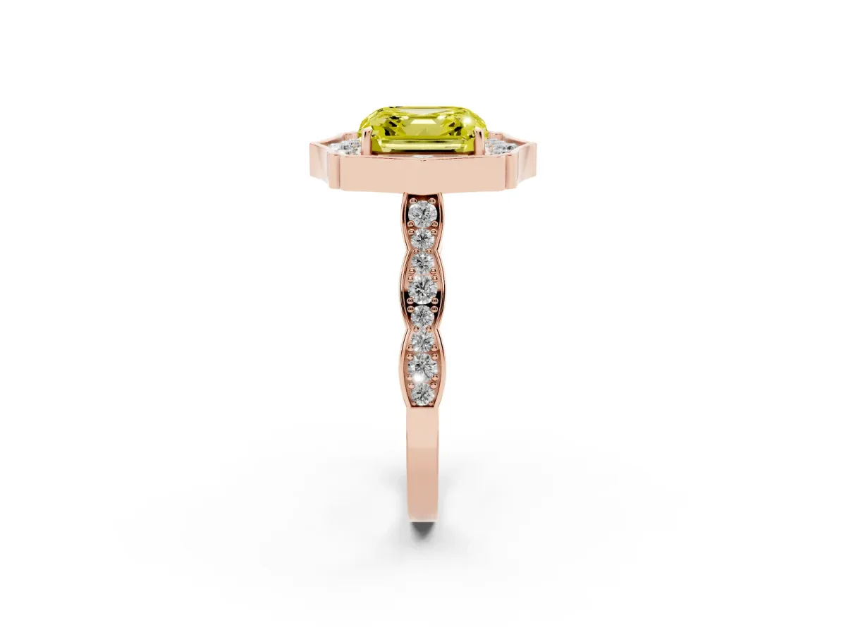 Fancy Yellow Asscher Cut Halo Diamond Engagement Ring with Milgrain Band and Four-Prong Setting Rose gold