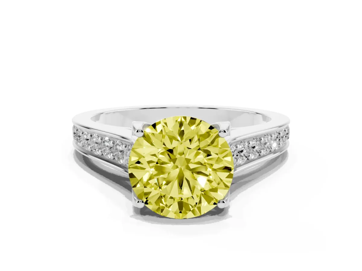 Fancy Yellow Round Cut Brilliant Cut Diamond Engagement Ring with Pavé Band and Four-Prong Setting Platinum