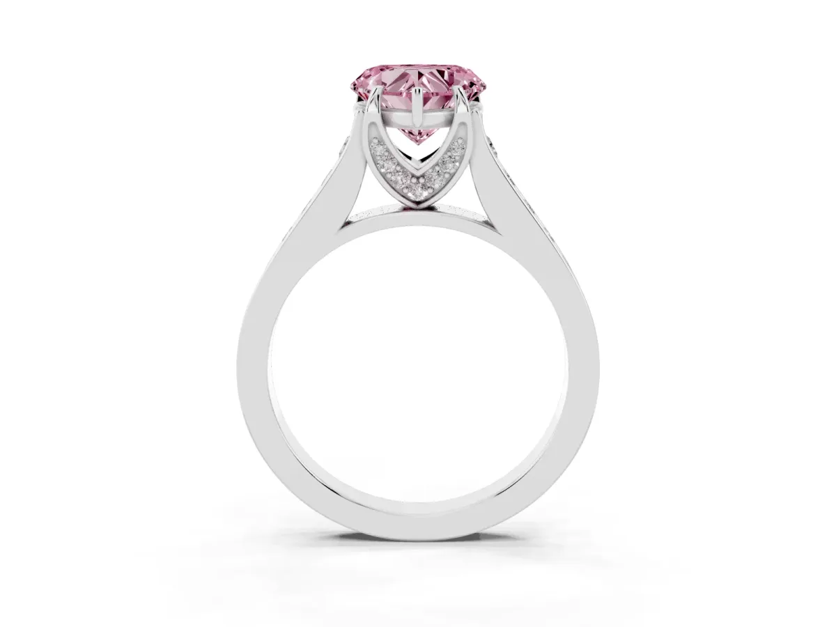 Fancy Pink Heart Cut Brilliant Cut Diamond Engagement Ring with Pavé Band and Four-Prong Setting White gold