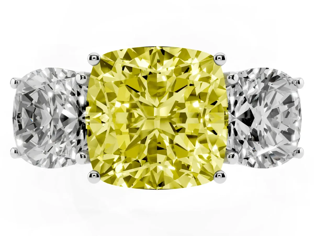 Fancy Yellow Three-Stone Cushion Cut Diamond Braided Band Ring with Four-Prong Setting Silver
