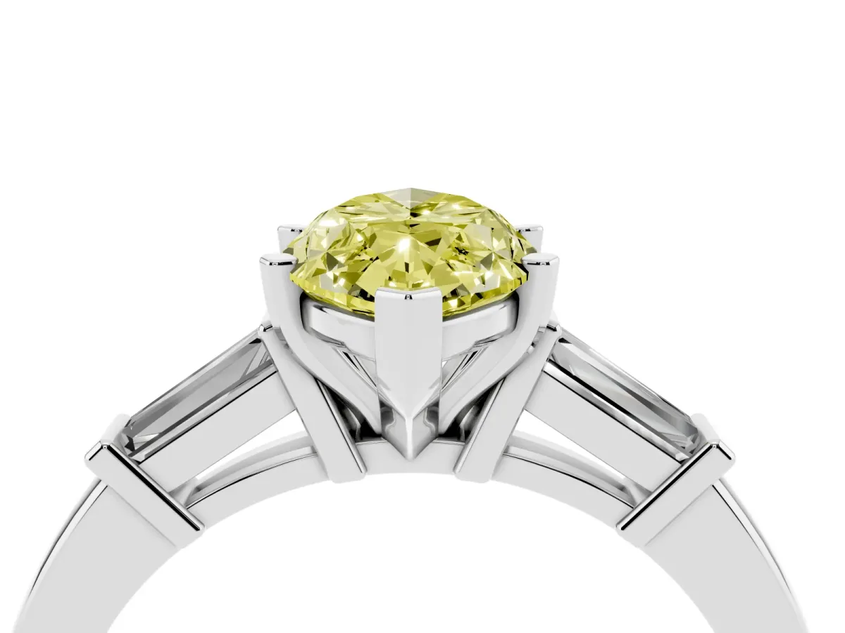 Fancy Yellow Marquise Cut Cut Diamond Solitaire Ring with Tapered Baguette Accents and Four-Prong Setting Silver