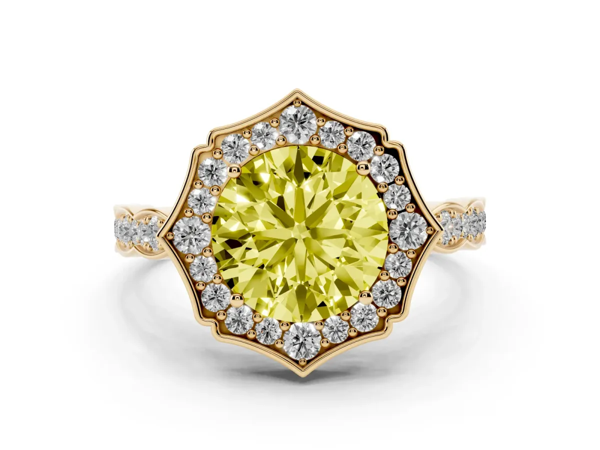 Fancy Yellow Round Cut Halo Diamond Engagement Ring with Milgrain Band and Four-Prong Setting Yellow gold
