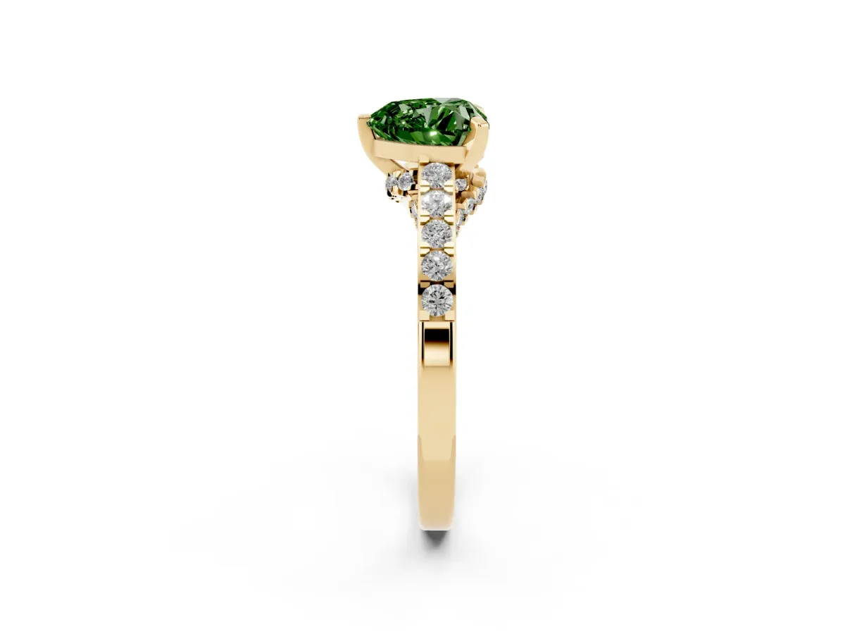 Fancy Green Heart Cut Diamond Solitaire Ring with Crossover Gallery and Round Pavé Band Yellow gold