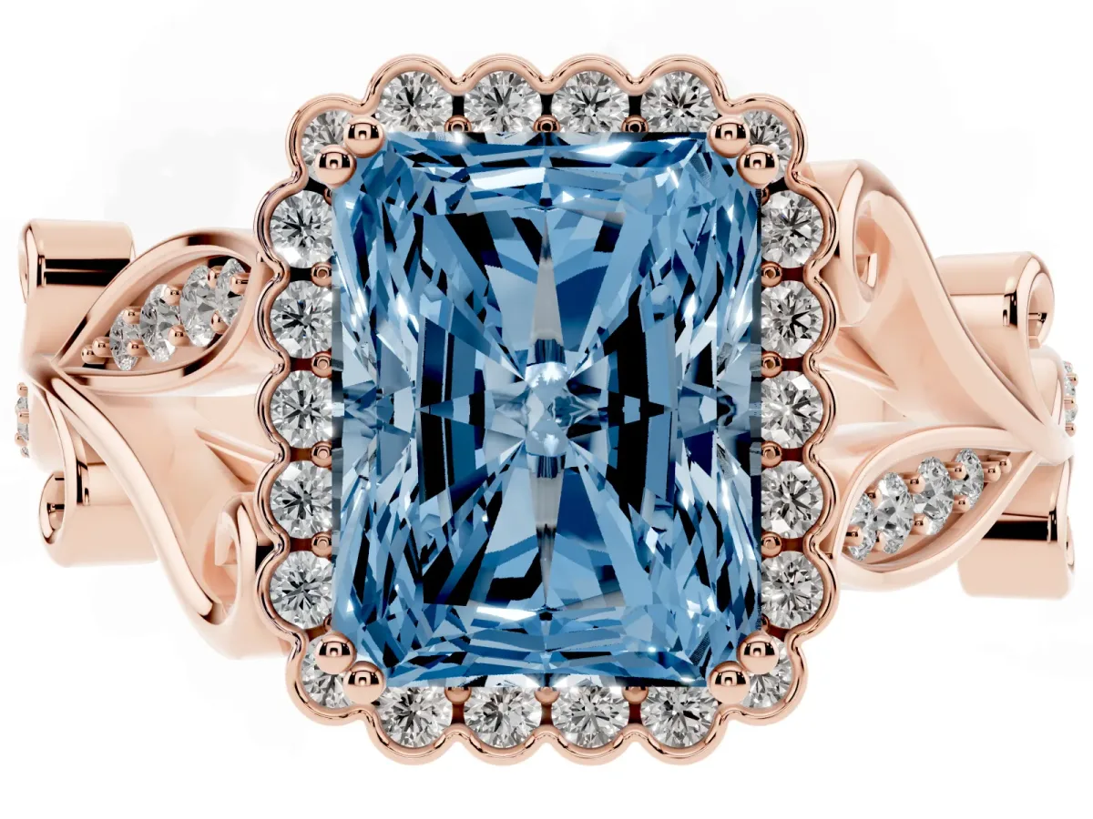 Fancy Blue Radiant Cut Diamond Halo Ring with Vintage Split Shank and Four-Prong Setting Rose gold