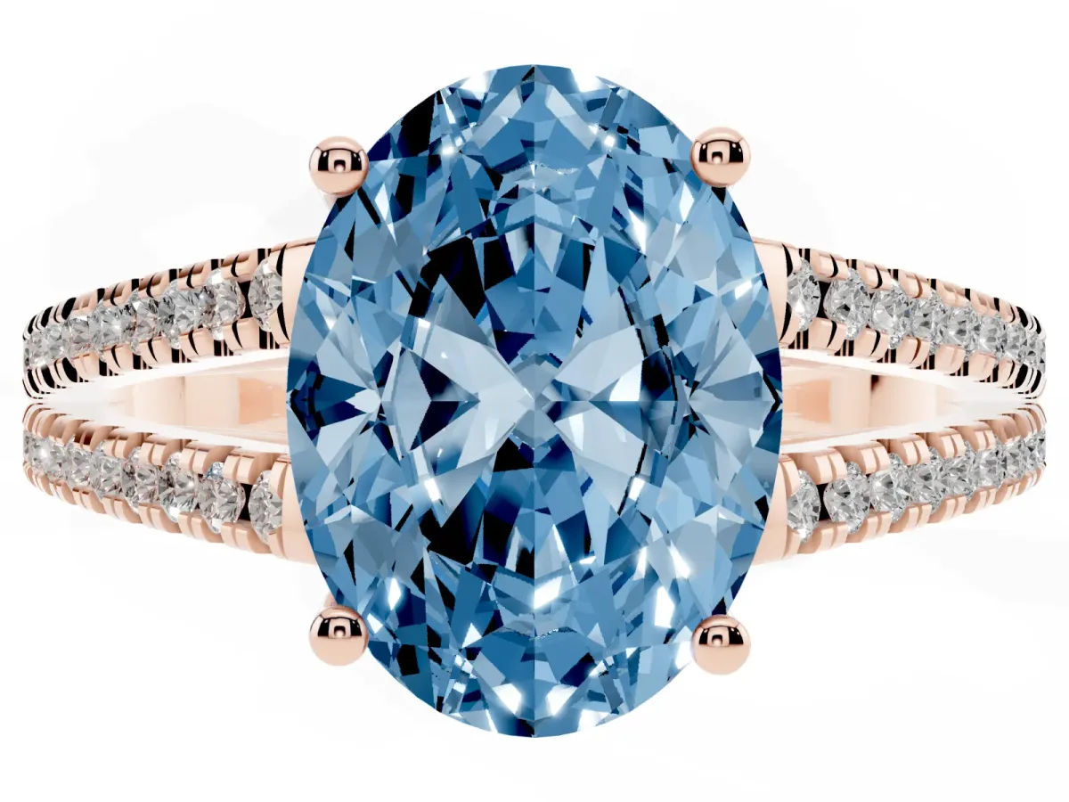 Fancy Blue Oval Cut Diamond Solitaire Engagement Ring with Split Shank Pavé Band Rose gold