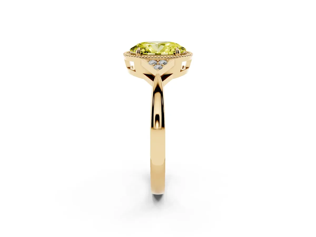 Fancy Yellow Hexagonal Halo Oval Cut Diamond Solitaire with Pavé Band and Four-Prong Setting Yellow gold
