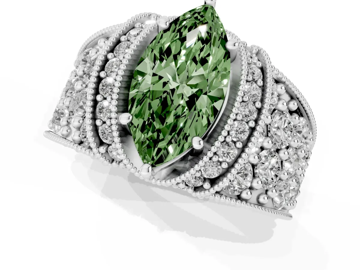 Fancy Green Marquise Cut Halo Pave Diamond Engagement Ring with Milgrain Detailing Silver