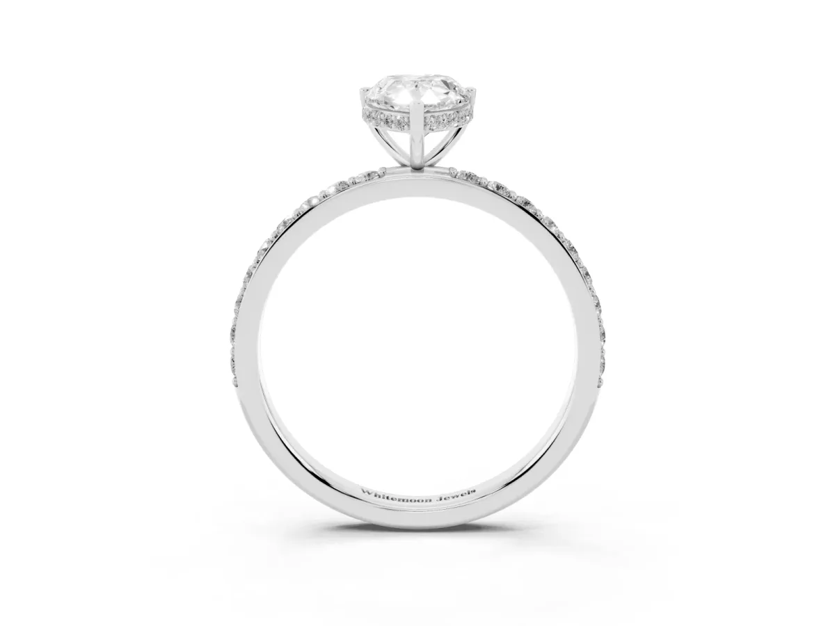 Pear Cut Diamond Solitaire Ring with Pavé Band and Hidden Halo Silver
