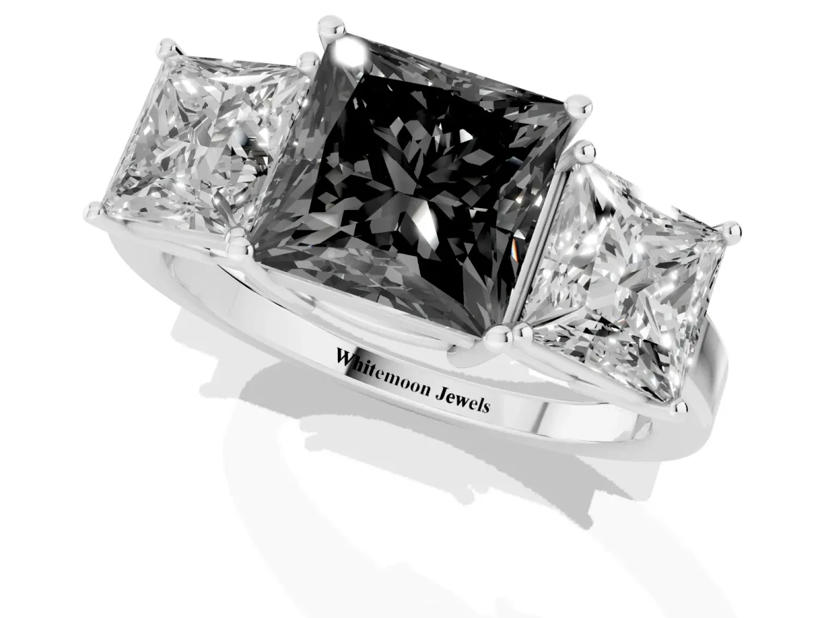Fancy Black Three-Stone Princess Cut Cut Diamond Engagement Ring with Flat Band and Four-Prong Setting Silver