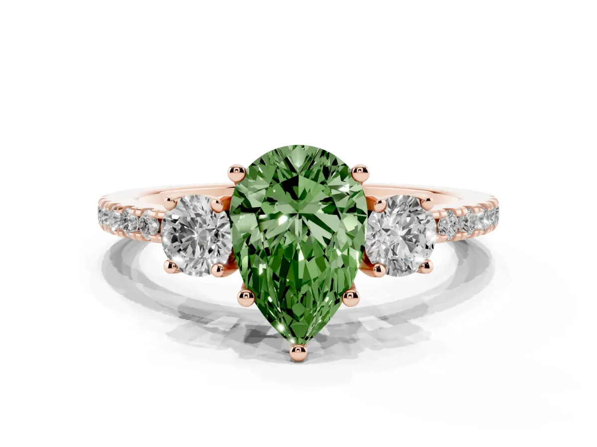 Fancy Green Three-Stone Pear Cut Cut Diamond Pavé Band with Prong Setting Rose gold