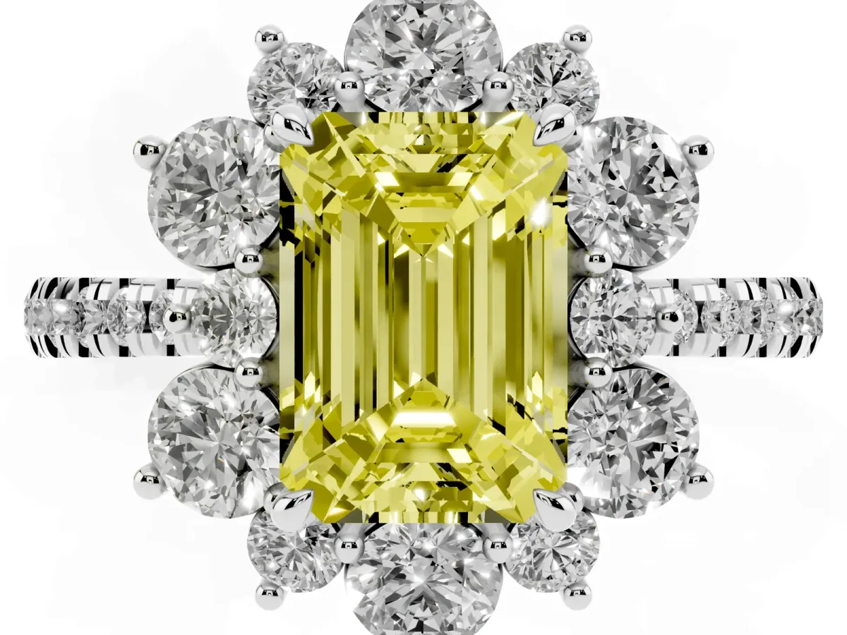 Fancy Yellow Emerald Cut Diamond Floral Halo Ring with Round Pavé Band and Prong Setting Silver