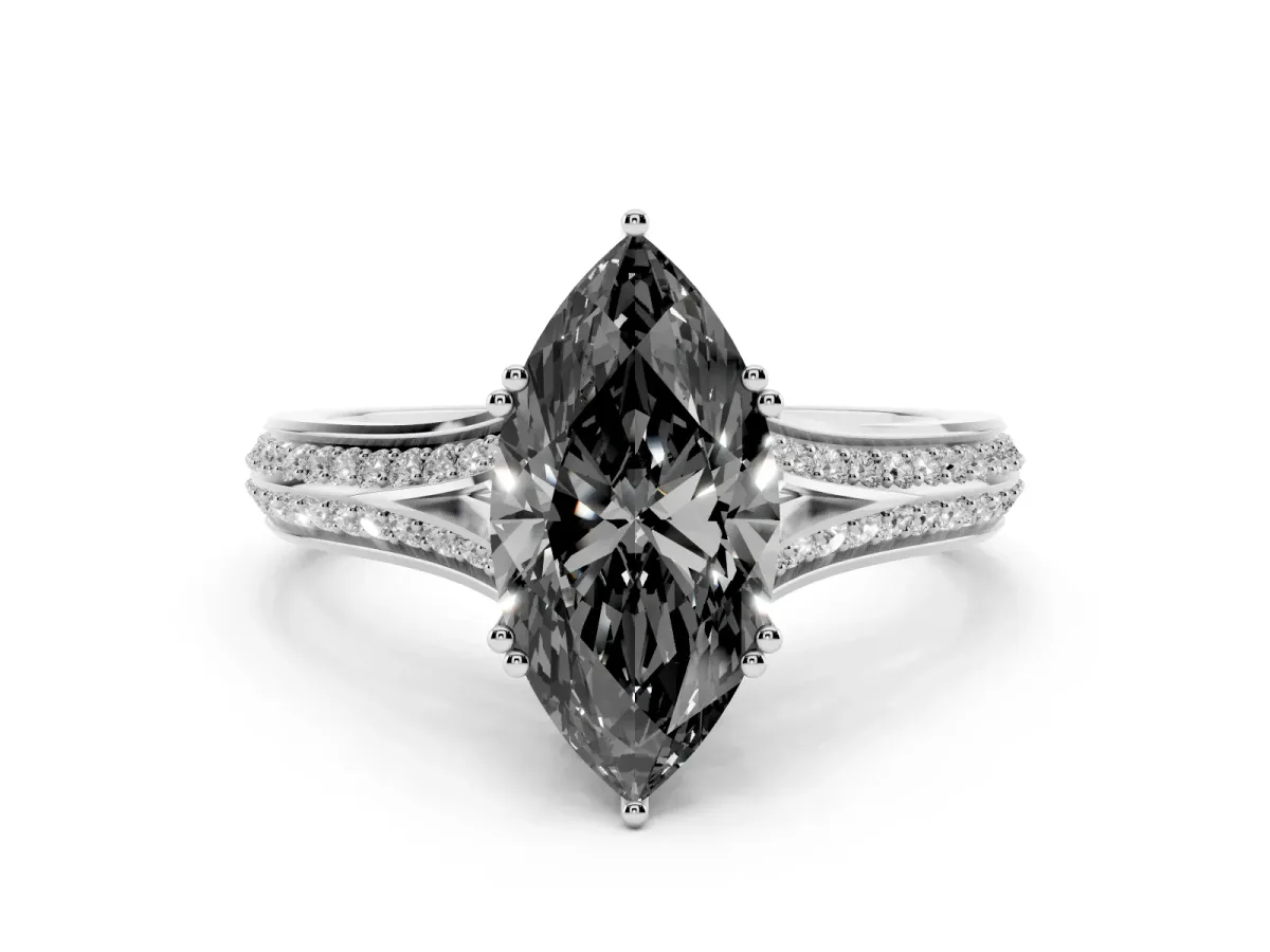 Fancy Black Marquise Cut Diamond Split Shank Engagement Ring with Pavé Band Silver