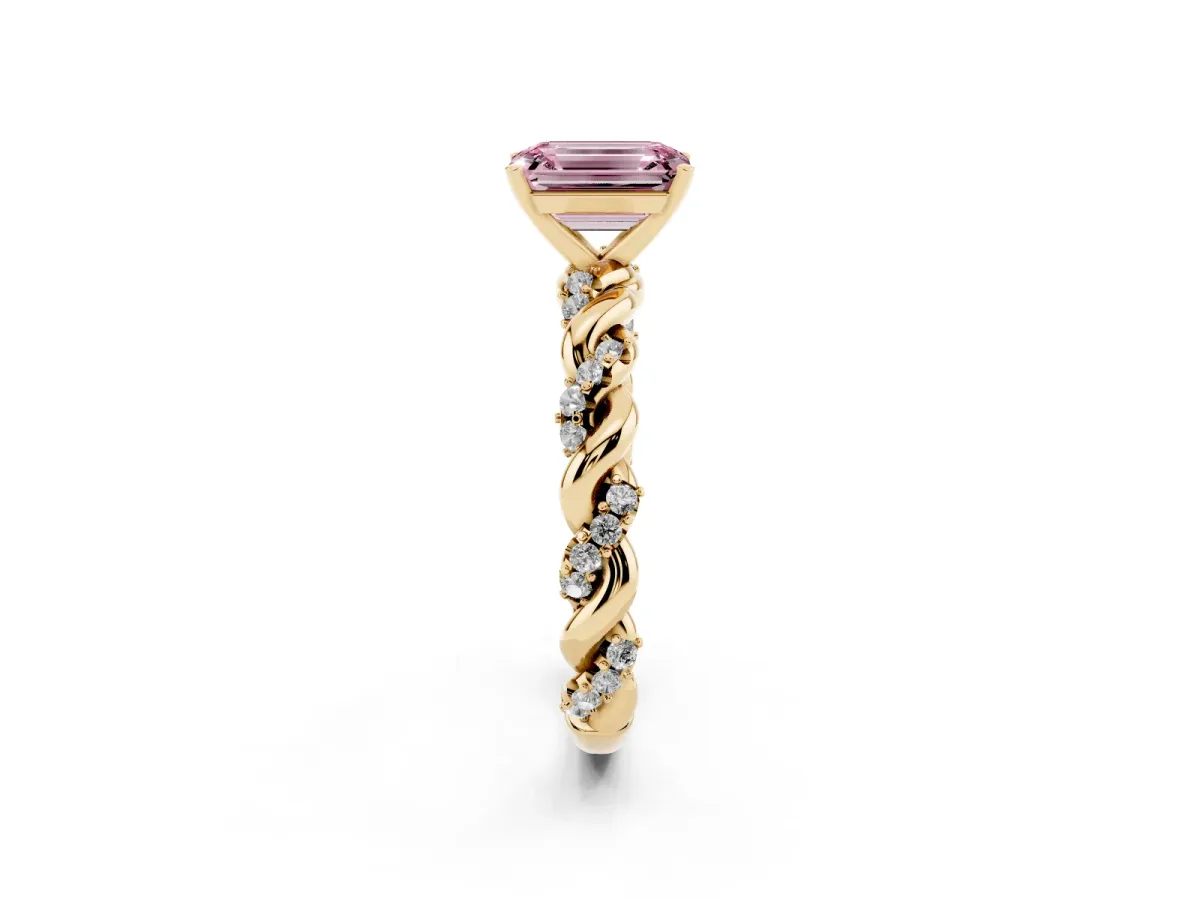 Fancy Pink Emerald Cut Diamond Solitaire Ring with Twisted Band and Pavé Accents Yellow gold