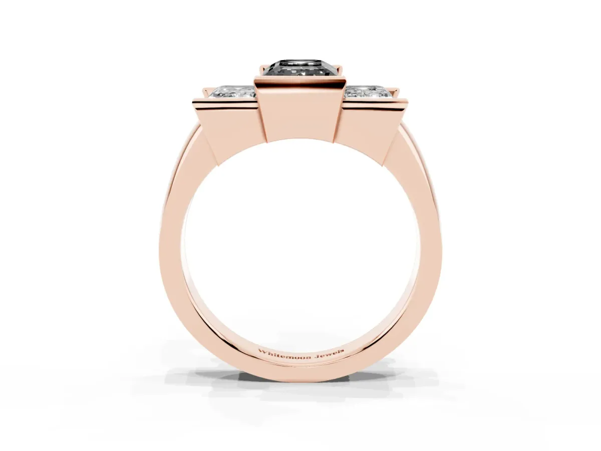 Fancy Black Three Stone Emerald Cut Cut Channel Set Diamond Ring Rose gold