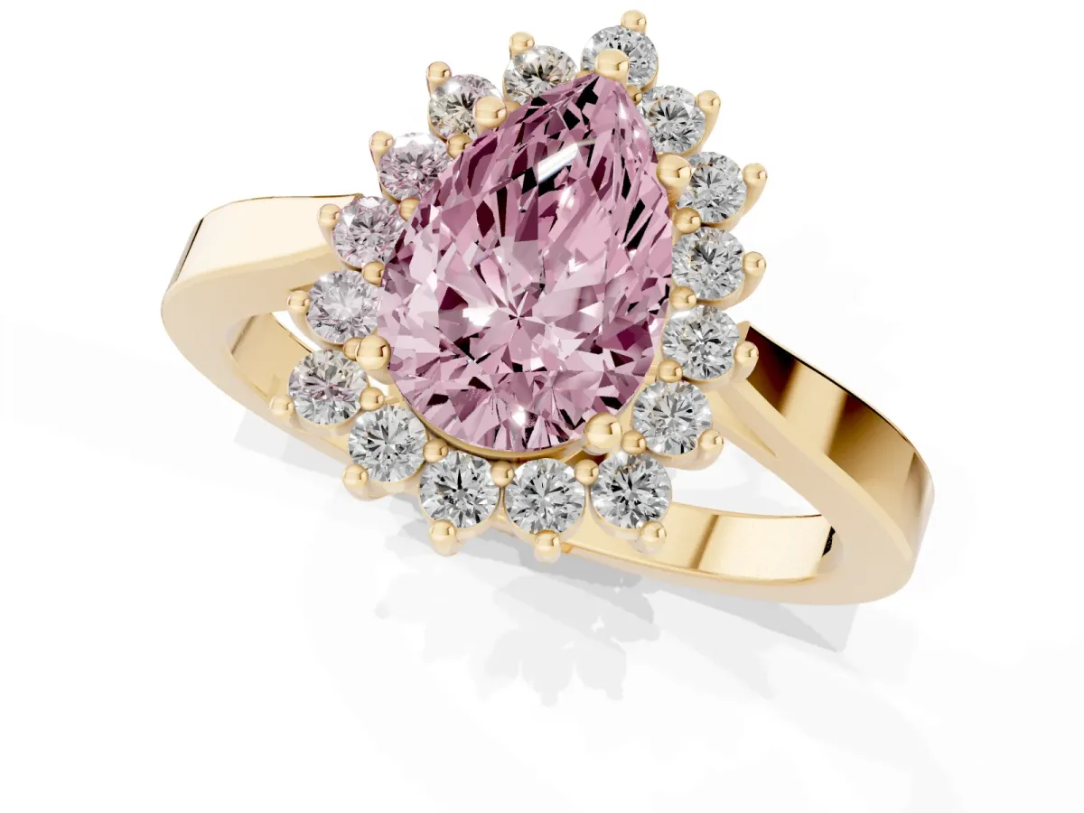 Fancy Pink Pear Cut Cut Diamond Halo Ring with Round Brilliant Halo and Solitaire Band Yellow gold