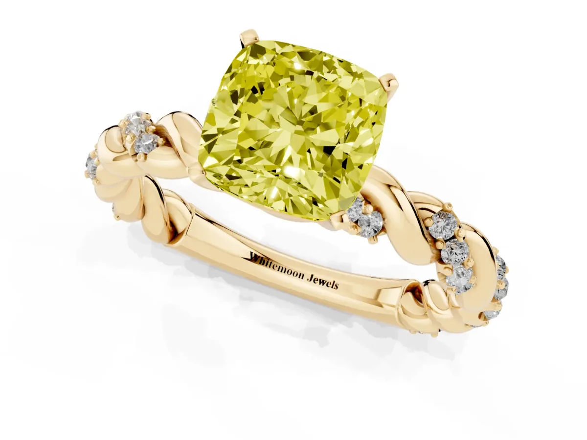 Fancy Yellow Cushion Cut Diamond Solitaire Ring with Twisted Band and Pavé Accents Yellow gold