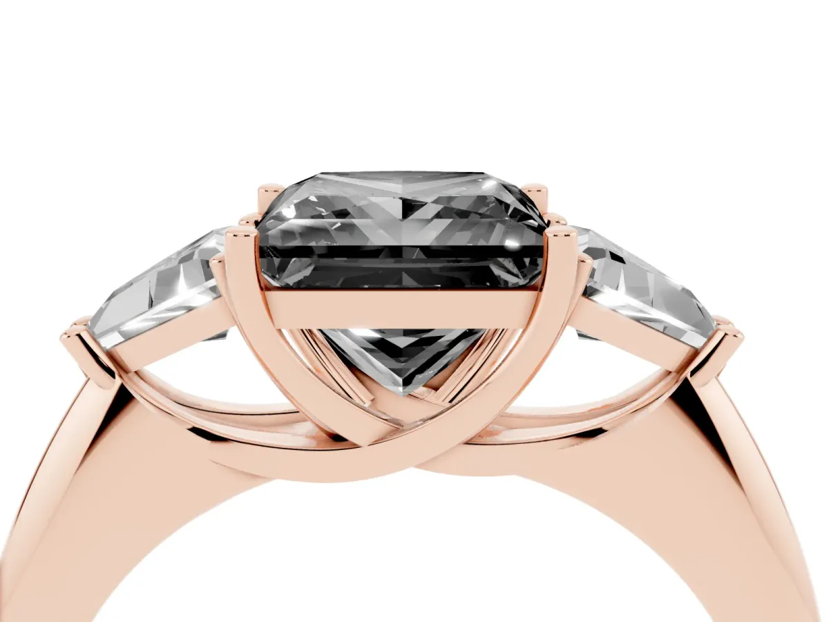 Fancy Black Three-Stone Princess Cut Diamond Engagement Ring with Trillion Side Stones and Prong Setting Rose gold