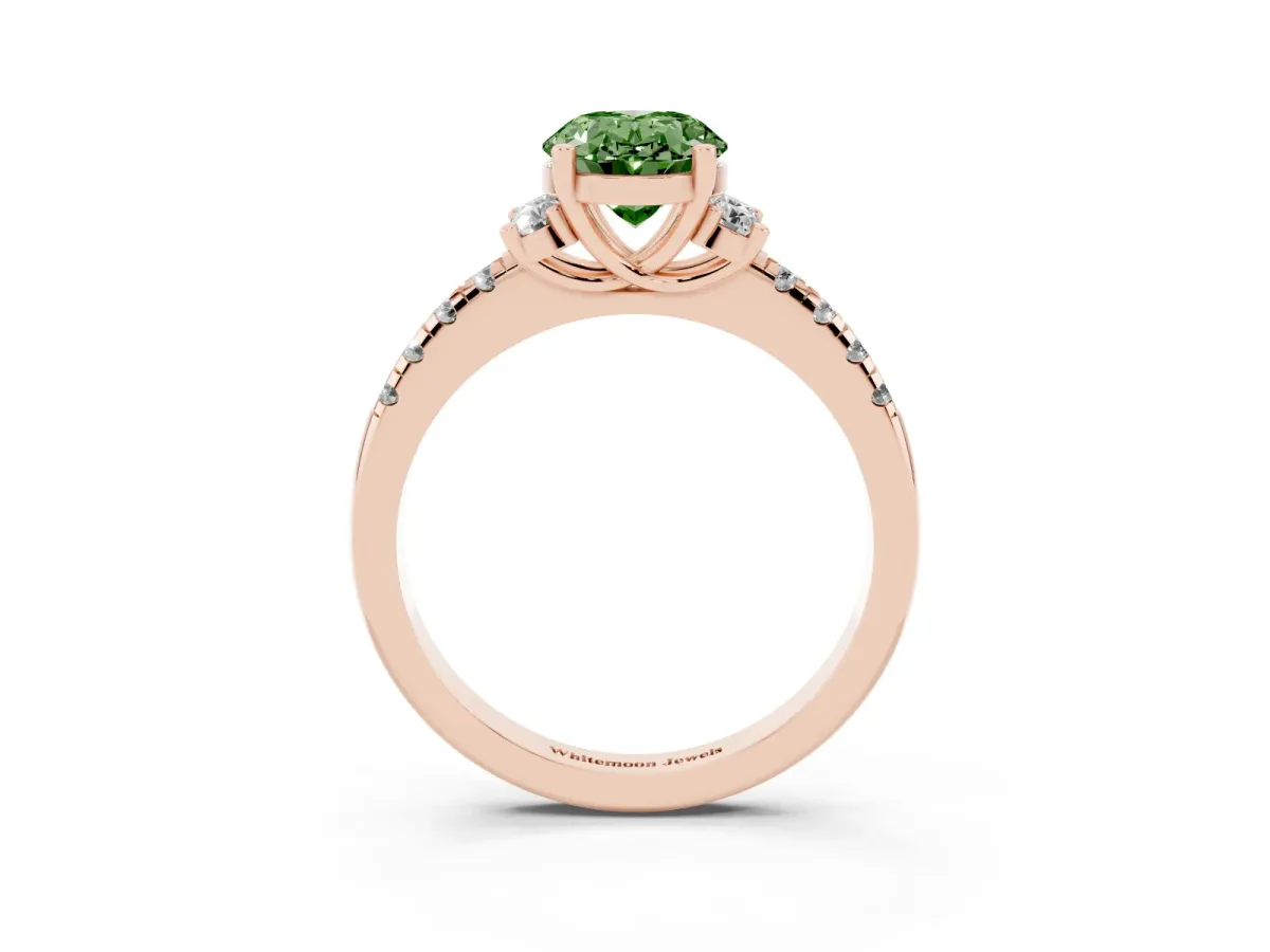 Fancy Green Oval Cut Diamond Three-Stone Pave Band with Four-Prong Setting Rose gold