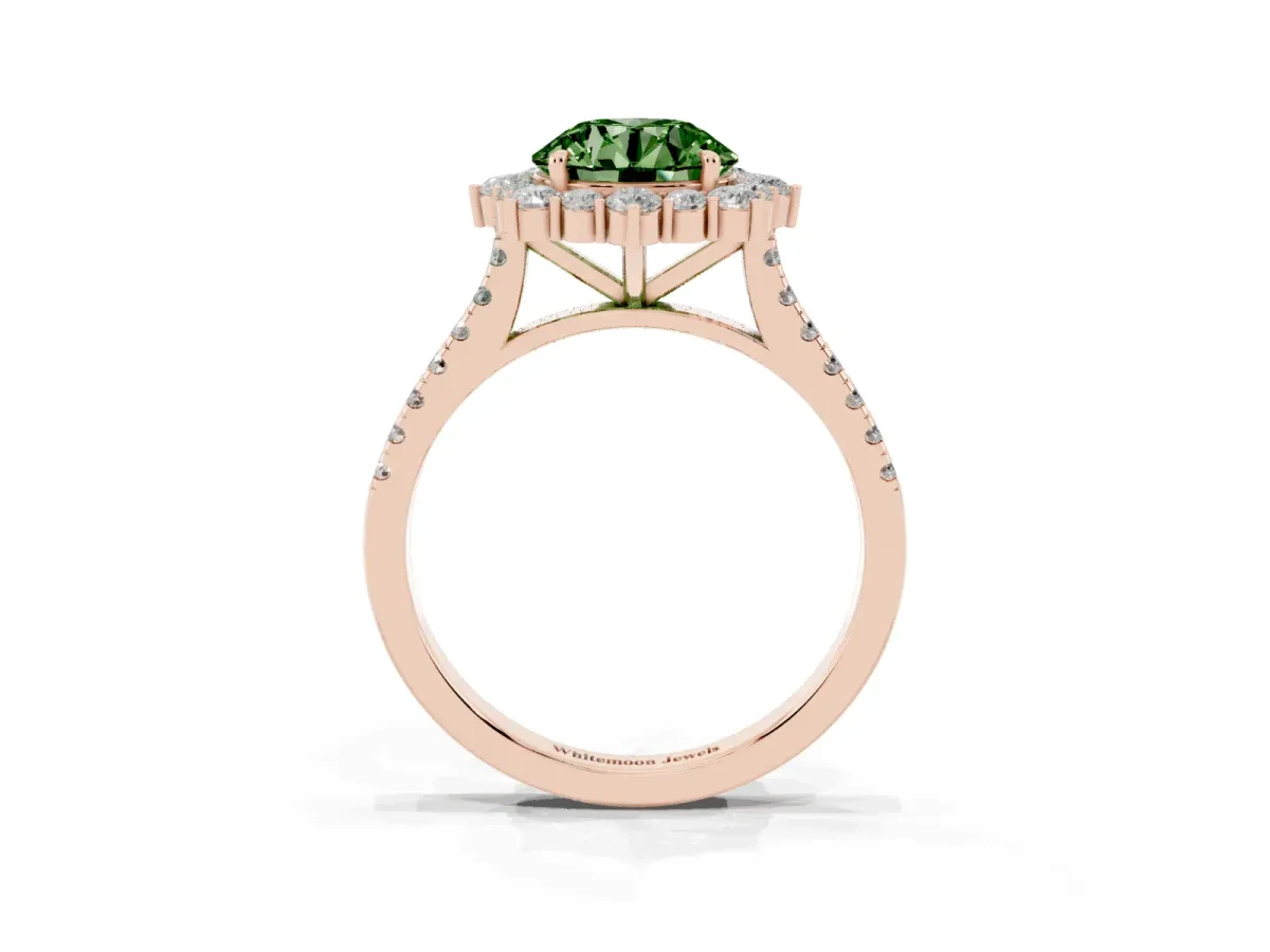 Fancy Green Round Cut Halo Diamond Ring with Pavé Band and Prong Setting Rose gold