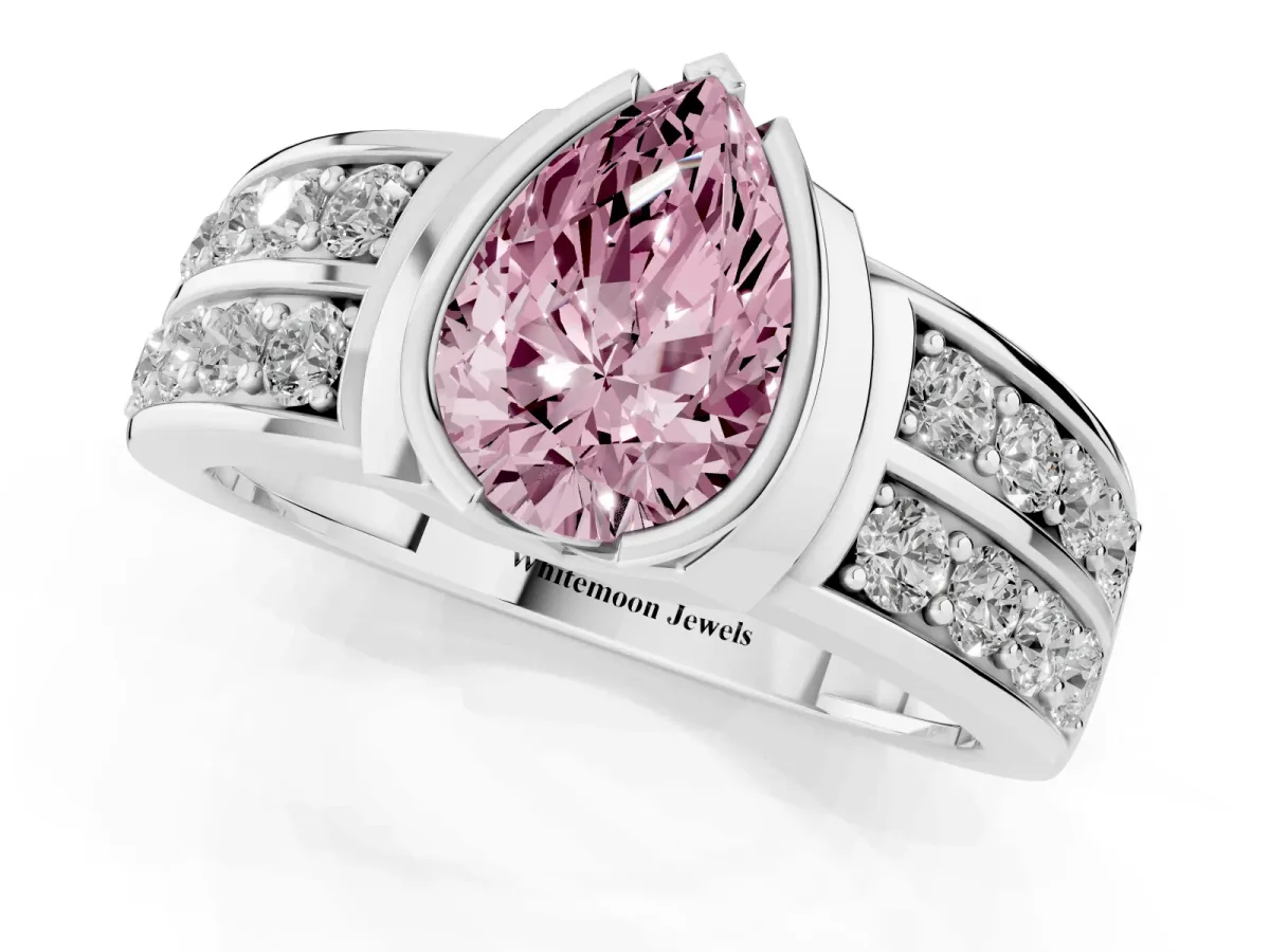 Fancy Pink Pear Cut Brilliant Diamond Channel Set Wide Band Ring with Bezel Setting Platinum