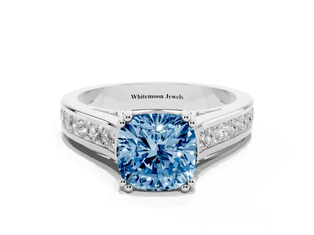 Fancy Blue Cushion Cut Cut Channel Set Solitaire Engagement Ring with Prong Setting Platinum