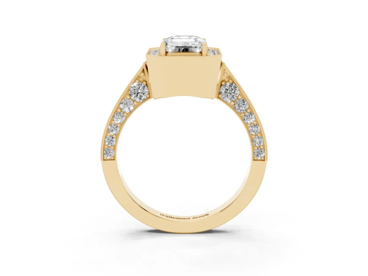 Emerald Cut Halo Diamond Engagement Ring with Split Shank Band and Four-Prong Setting Yellow gold