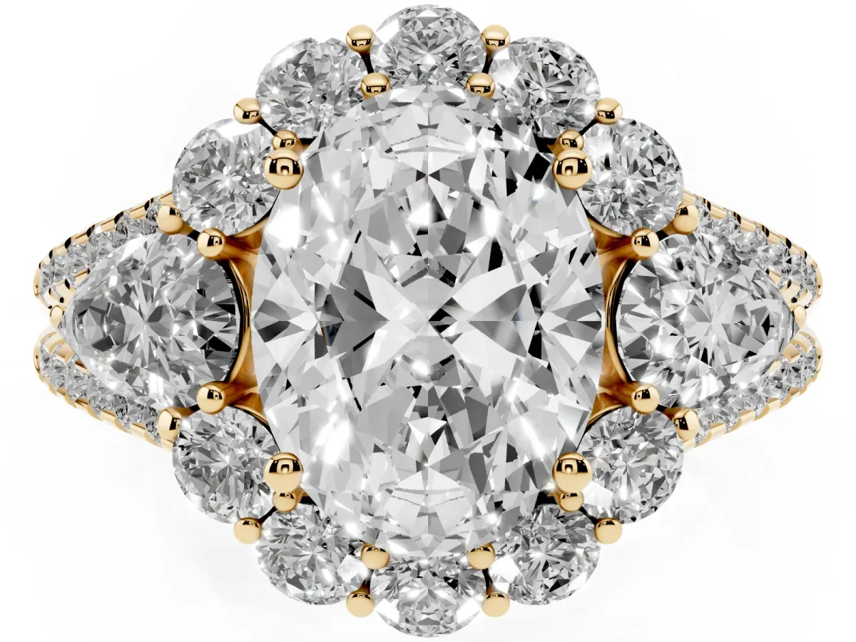 Oval Cut Halo Split Shank Diamond Engagement Ring with Prong Setting Yellow gold