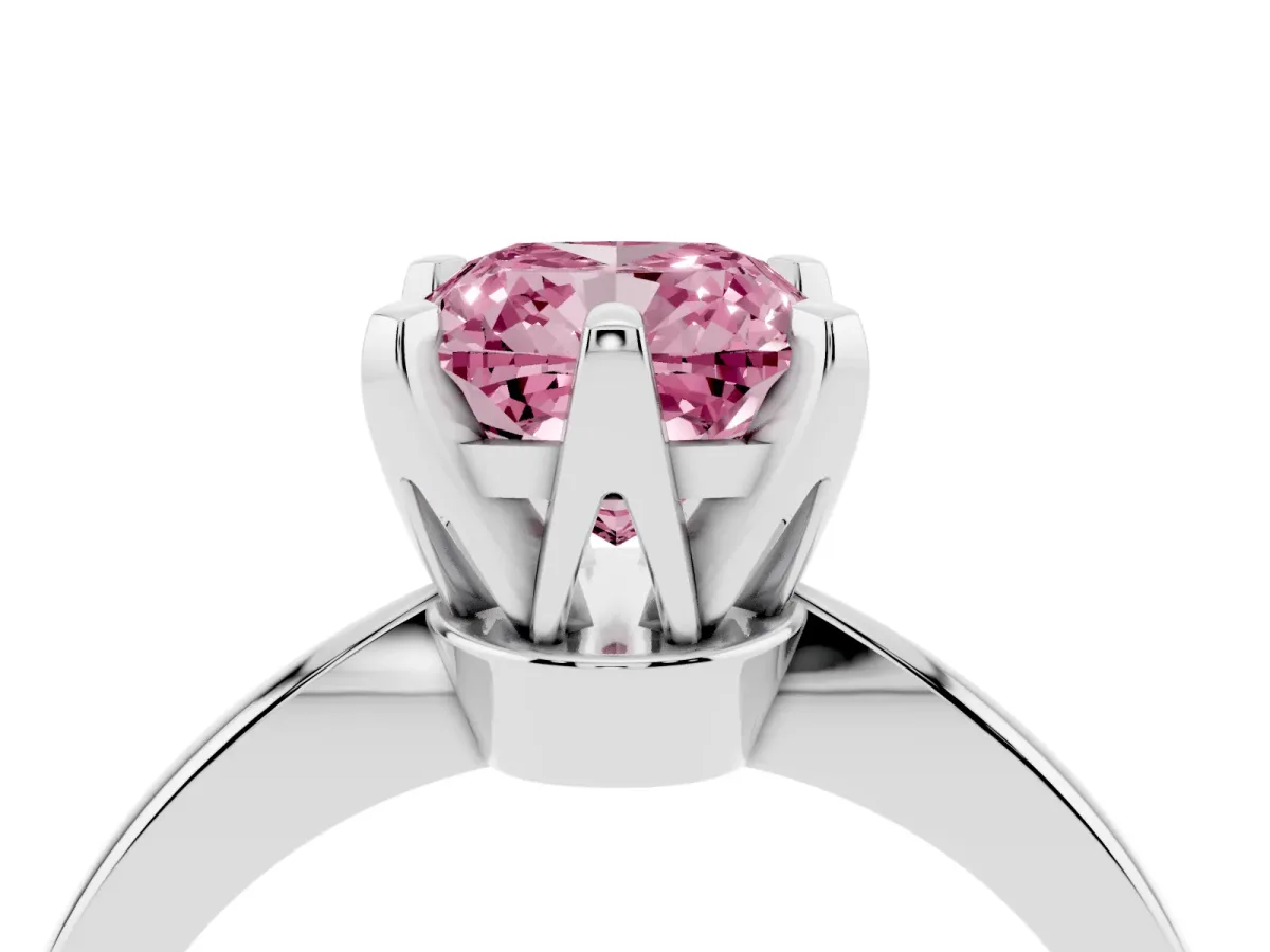 Fancy Pink Cushion Cut Solitaire Engagement Ring with Six-Prong Setting and Tapered Band Silver