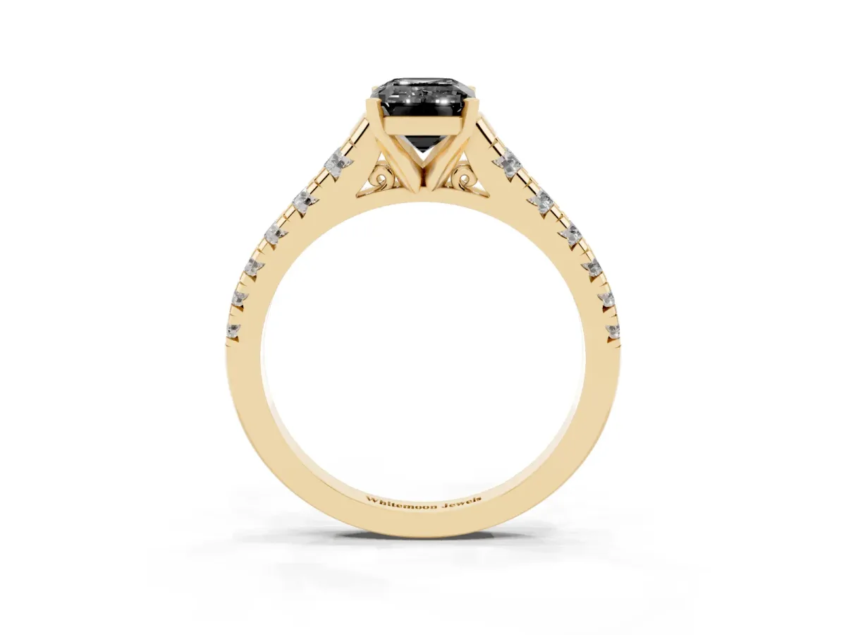 Fancy Black Emerald Cut Diamond Cathedral Solitaire Ring with Round Pavé Band Yellow gold