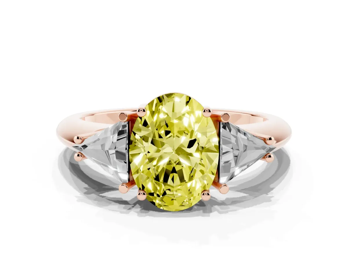 Fancy Yellow Three-Stone Oval Cut Diamond Engagement Ring with Trillion Side Stones and Prong Setting Rose gold