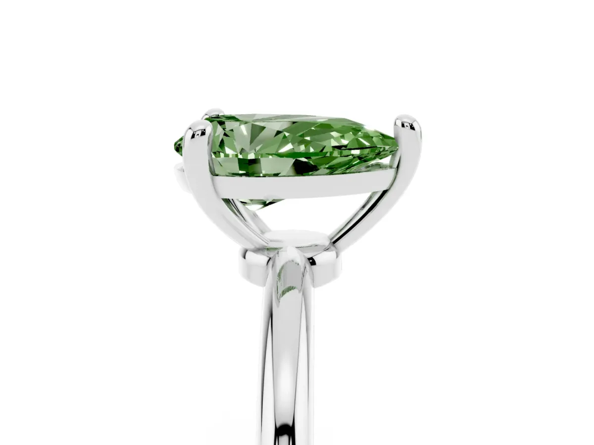 Fancy Green Pear Cut Solitaire Diamond Ring with 4-Prong Setting on a Classic Band Silver