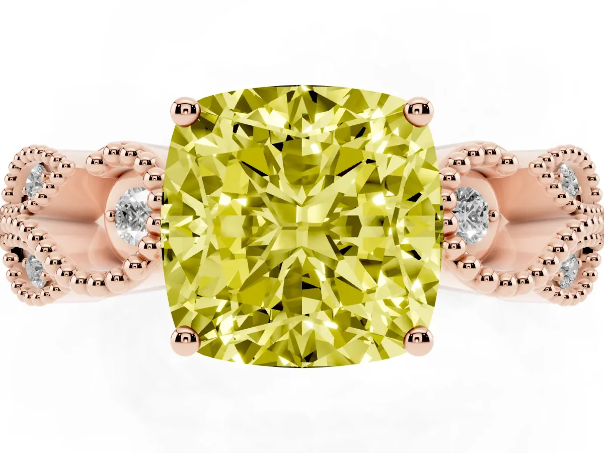 Fancy Yellow Cushion Cut Solitaire Milgrain Leaf Band with Prong Setting Rose gold