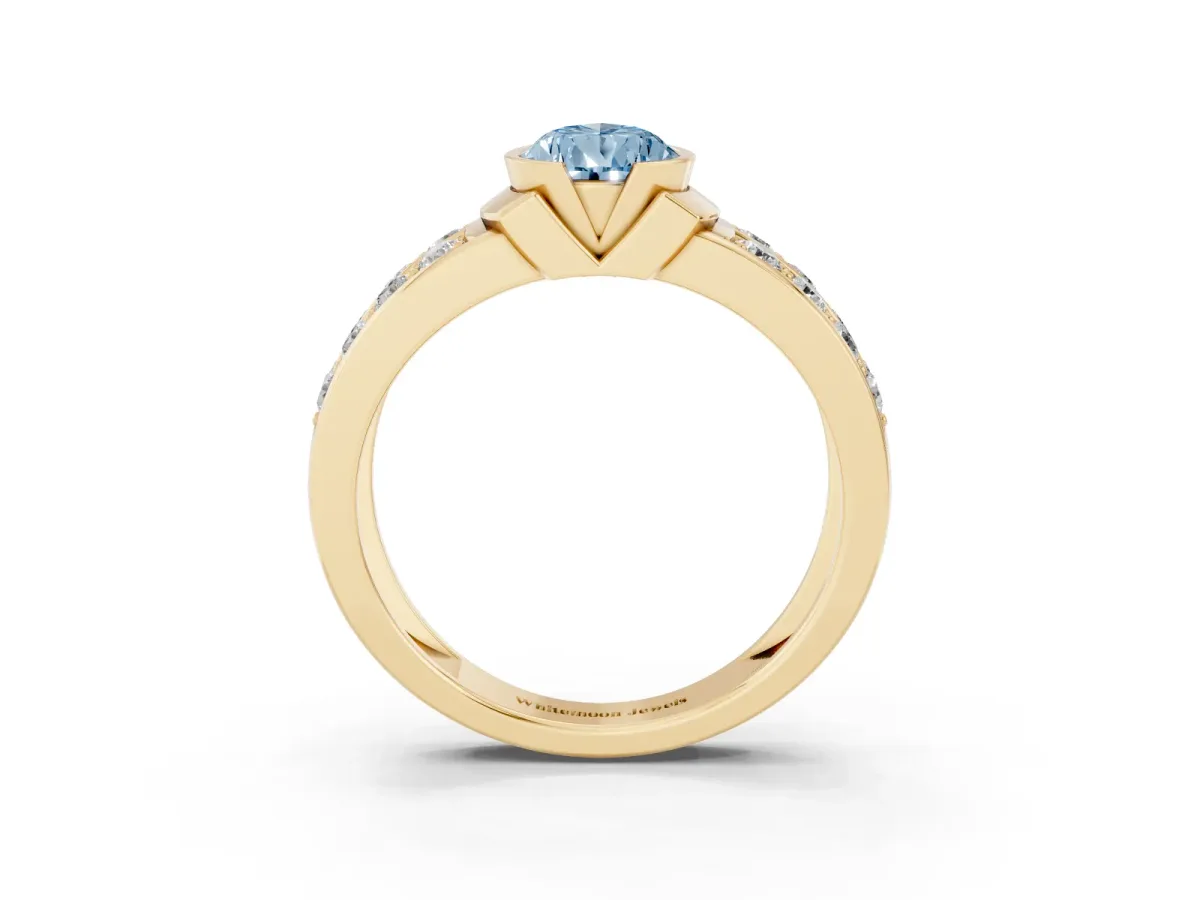 Fancy Blue Pear Cut Brilliant Diamond Channel Set Wide Band Ring with Bezel Setting Yellow gold