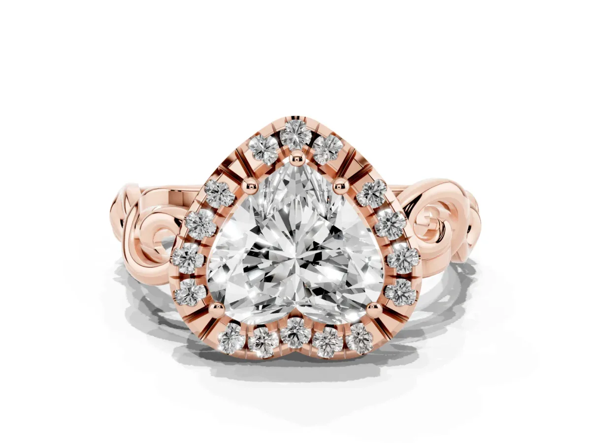 Heart Cut Cut Halo Diamond Ring with Scrollwork Band and Four-Prong Setting Rose gold